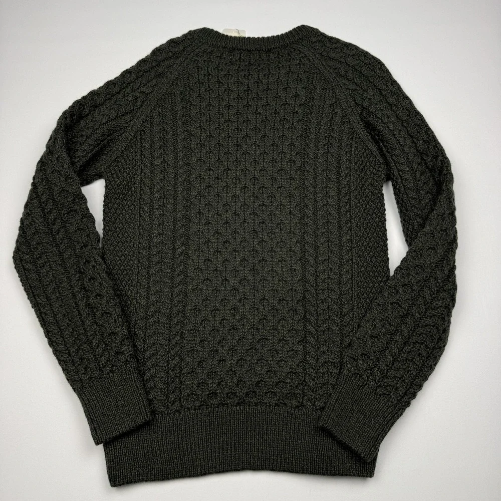 Original Aran Co Sweater Mens Medium Green Merino Wool Aran Cable Knit Crewneck